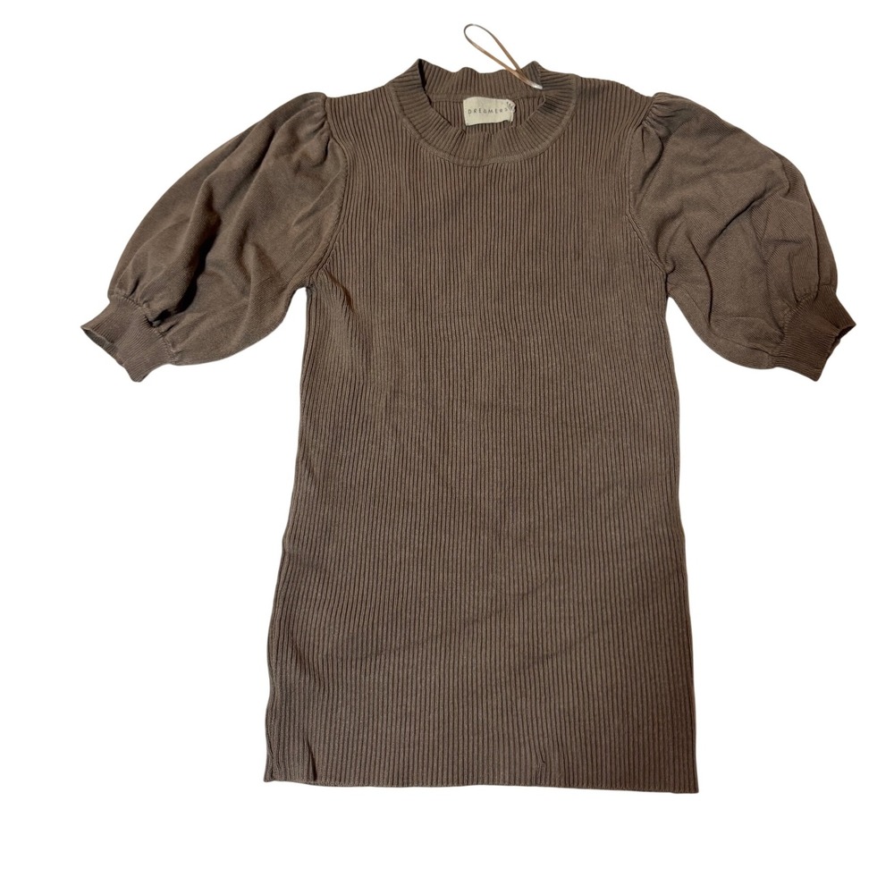 Dreamers‎ Ribbed Knit Mini Dress Puff Sleeve Brown Viscose Nylon Blend M/L